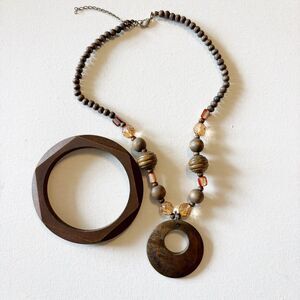 Beaded Necklace & Bangle Wood Beads Adjustable Natural Boho Ethnic 21”